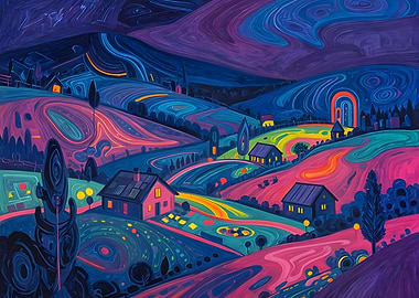 Neon Valley Nocturne – Surreal Electric Countryside Digital Art