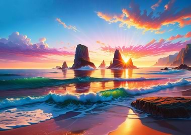 Vibrant Coastal Sunset with Rock Formations