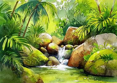 Lush Tropical Watercolor Landscape