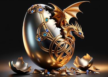 Golden Dragon Hatching from Jeweled Egg