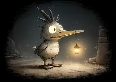 Cartoon Bird with Lantern in Dark
