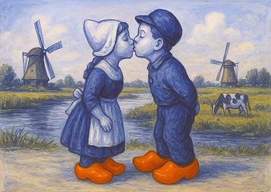 Dutch Kissing Couple with Windmills