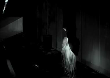 Monochrome Horror Scene with Hanging Figure