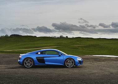 Blue Audi R8 on Grassy Field