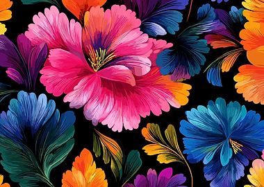 Colorful Floral Pattern on Black Background