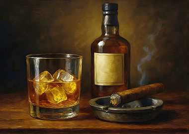 Whiskey, Cigar, and Bottle Still Life