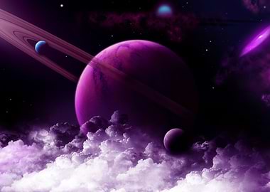 Purple Planet with Rings and Clouds