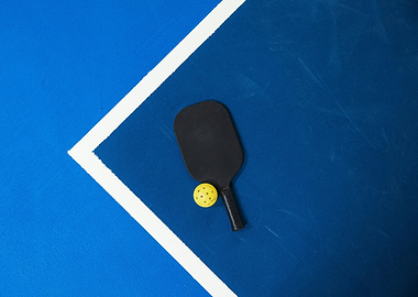 Pickleball paddle and ball on court