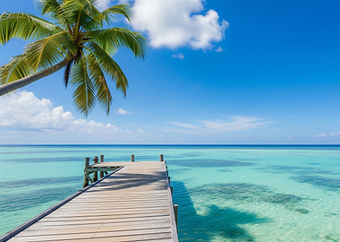 Tropical beach with pier and palm