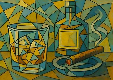 Cubist Still Life: Whiskey and Cigar