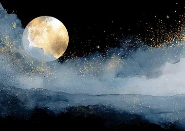 Golden Moon Watercolor Nightscape