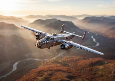 Vintage Airplane Flying Over Mountain Landscape