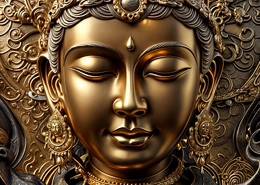 Golden Buddha face with ornate details