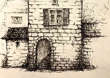 Ink Drawing of Stone Building
