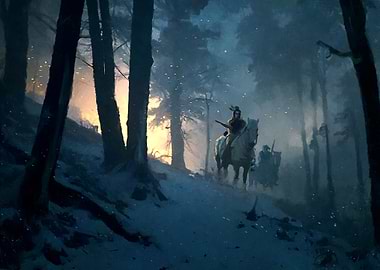 Native American Riders in Snowy Forest
