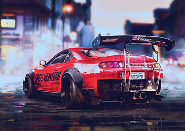 Red Toyota Supra on Wet Street
