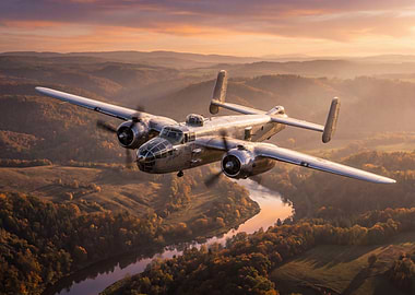 B-25 Mitchell over Autumn Landscape
