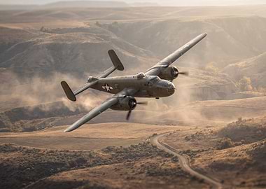 B-25 Mitchell over golden landscape