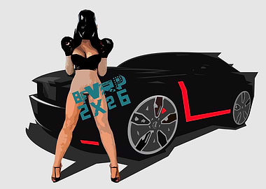 Woman with Boxing Gloves and Car