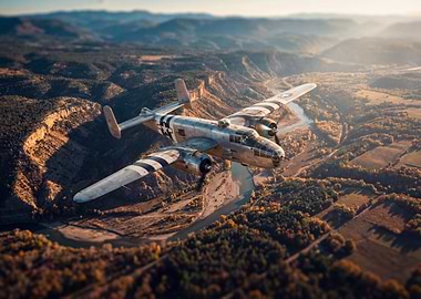 Vintage Bomber Flying Over Canyon Landscape