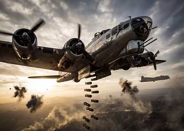 B-17 Bomber Dropping Bombs in Flight