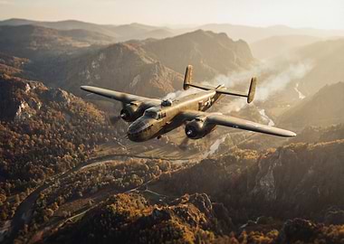Vintage Bomber Plane Over Autumn Landscape