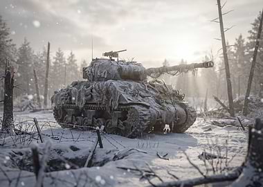 Snowy Military Tank in Winter Landscape