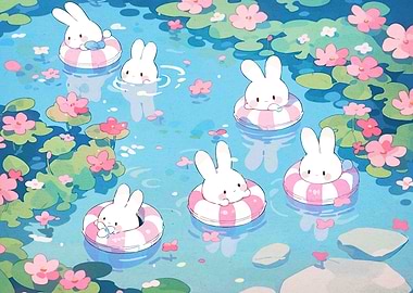 Cute Bunnies Swimming in a Pond