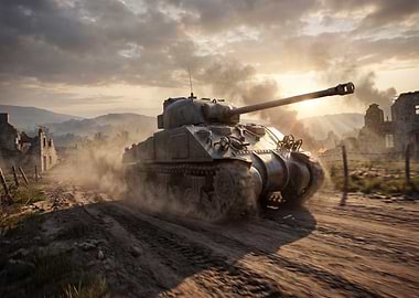 Sherman Tank in War-Torn Landscape