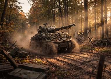 Camouflaged Tank in Autumn Forest