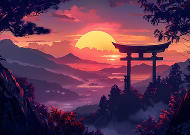 Japanese Torii Gate Sunset Landscape