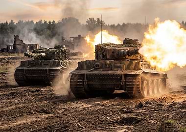 Two Tanks Firing in Battlefield