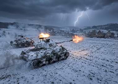 Tanks firing in snowy landscape