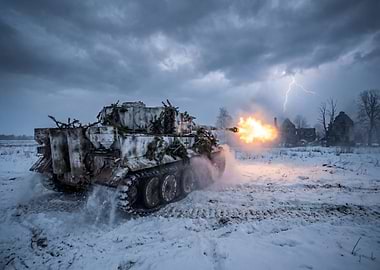Tiger Tank firing in winter landscape