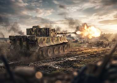 Tiger Tank firing on battlefield