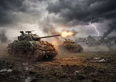 Tanks firing in stormy battlefield