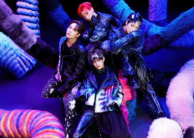 K-Pop Group Posing with Furry Props