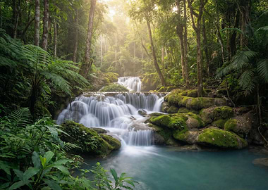 Tropical Waterfall in Lush Green Forest