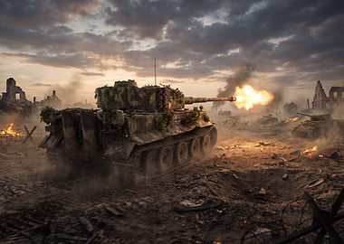 Tank firing in war-torn landscape