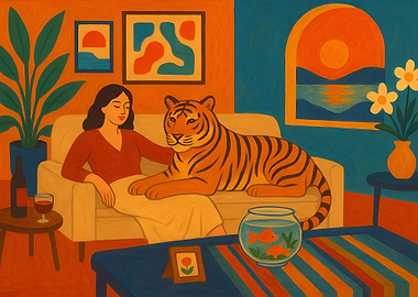 Woman, Tiger, and Goldfish Still Life