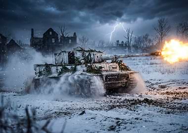 Tiger Tank firing in winter landscape