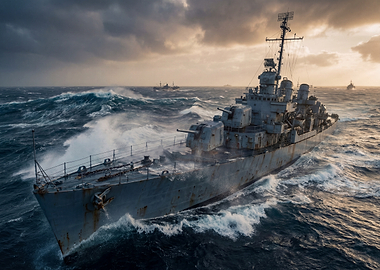 Warship in Stormy Seas