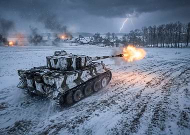 Tiger Tank firing in winter landscape