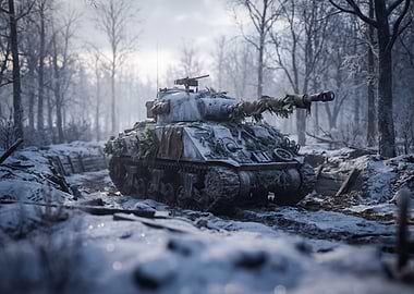 Camouflaged Tank in Winter Forest