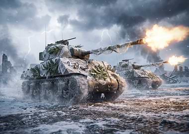 Tanks firing in winter landscape