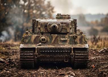 Camouflaged Tank in Muddy Field