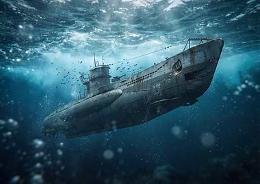 Submarine underwater with fish and bubbles