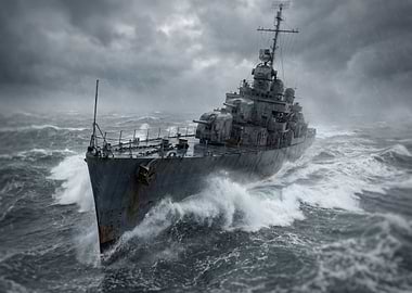 Warship in Stormy Seas
