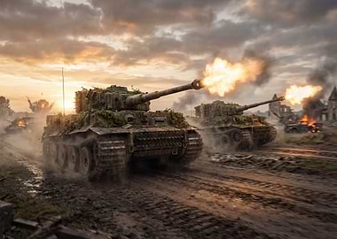 Tanks firing on a battlefield