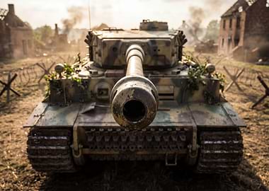 Camouflaged Tank in War-Torn Landscape